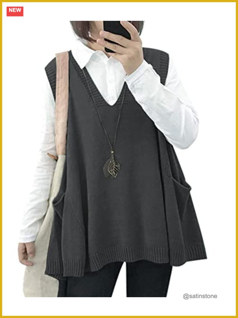 Chunky Cotton Oversized Swing Sweater Vest With Pockets, Loose Fit, Sleeveless